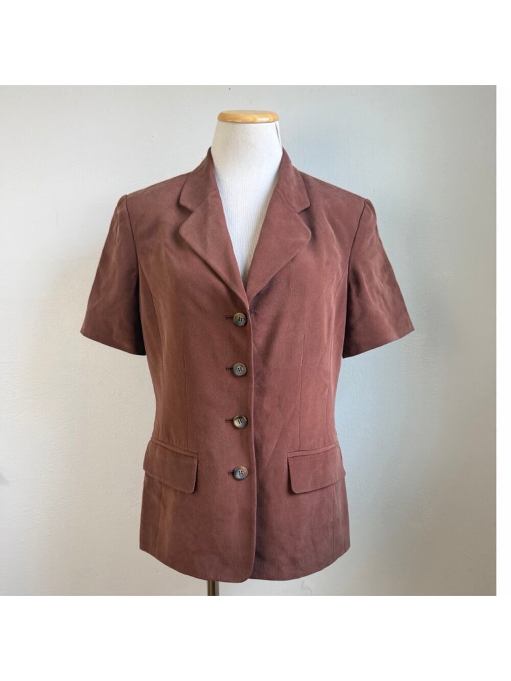 Vintage Mahogany Brown Silk Short Sleeve Blazer Size Small 6 Sport Coat Jacket
